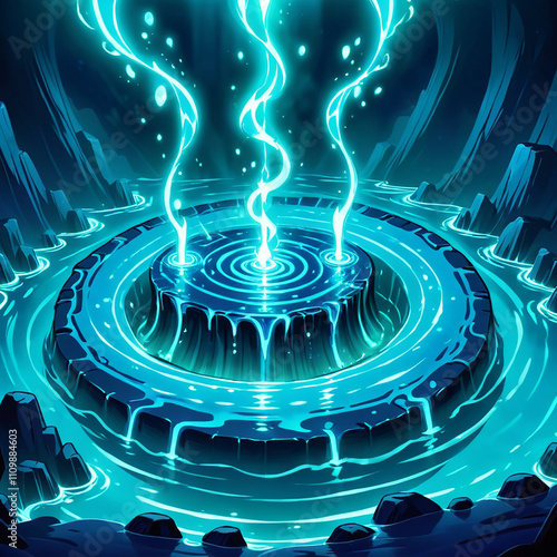 A glowing, blue liquid flows from a circular platform in a dark setting. Three bright, electric blue, tendrils of liquid flow upwards from the platform, with dark rock formations surrounding the pool