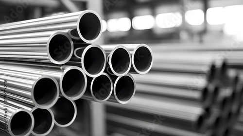 A bunch of metal pipes are stacked on top of each other. The pipes are silver and black