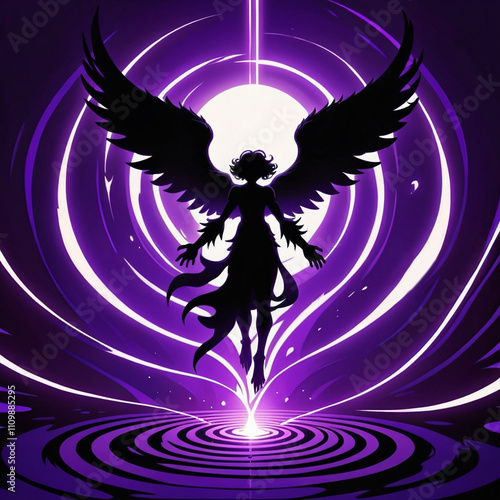 A silhouette of an angel with wings outstretched, glowing white light emanating from the center of its body. The background is a swirling purple vortex with concentric white rings.