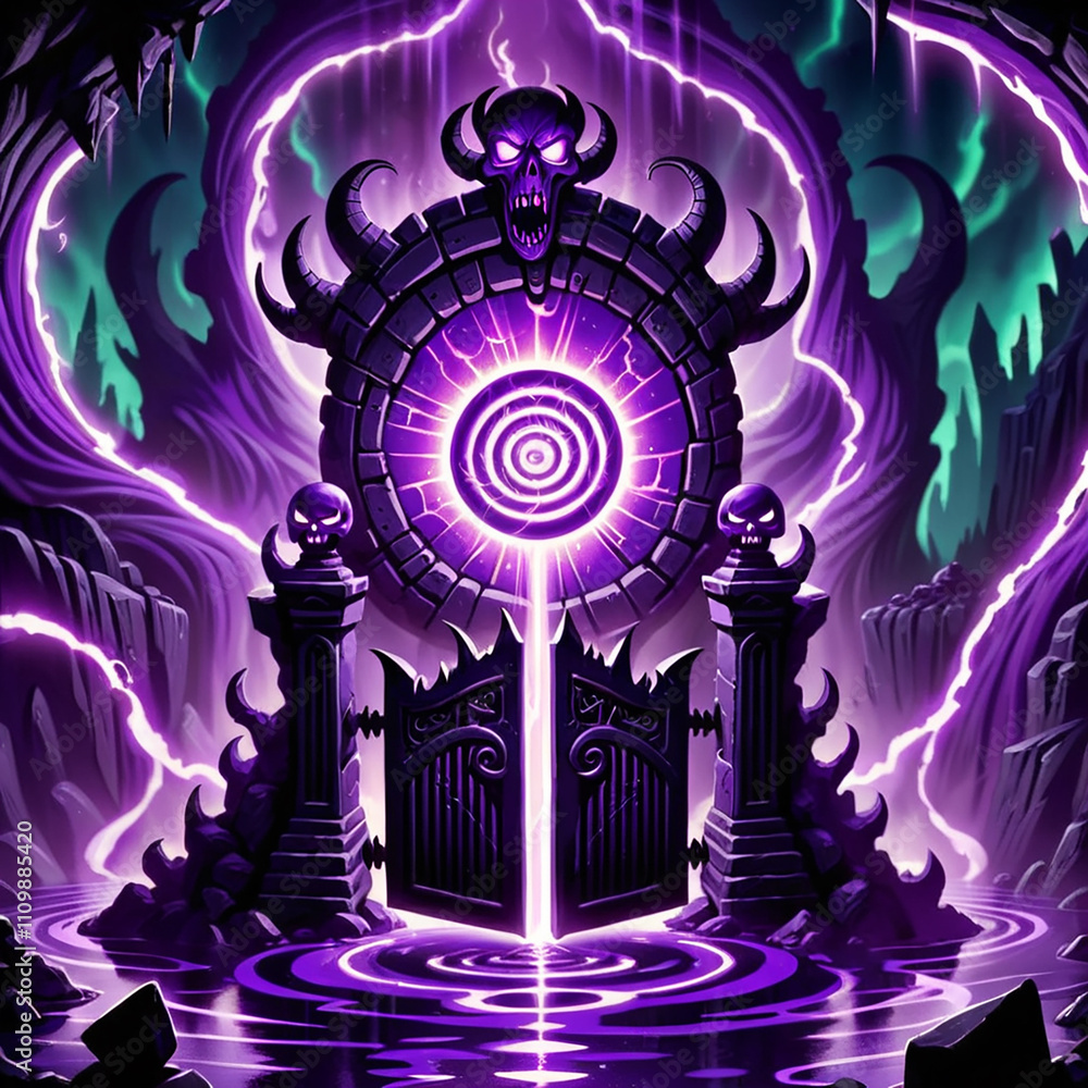 Fototapeta premium A stone portal with skulls, horns, and intricate carvings glows with a vibrant purple light, illuminating a dark, swirling pool of water in a cavernous setting. The portal appears to lead to an unknow
