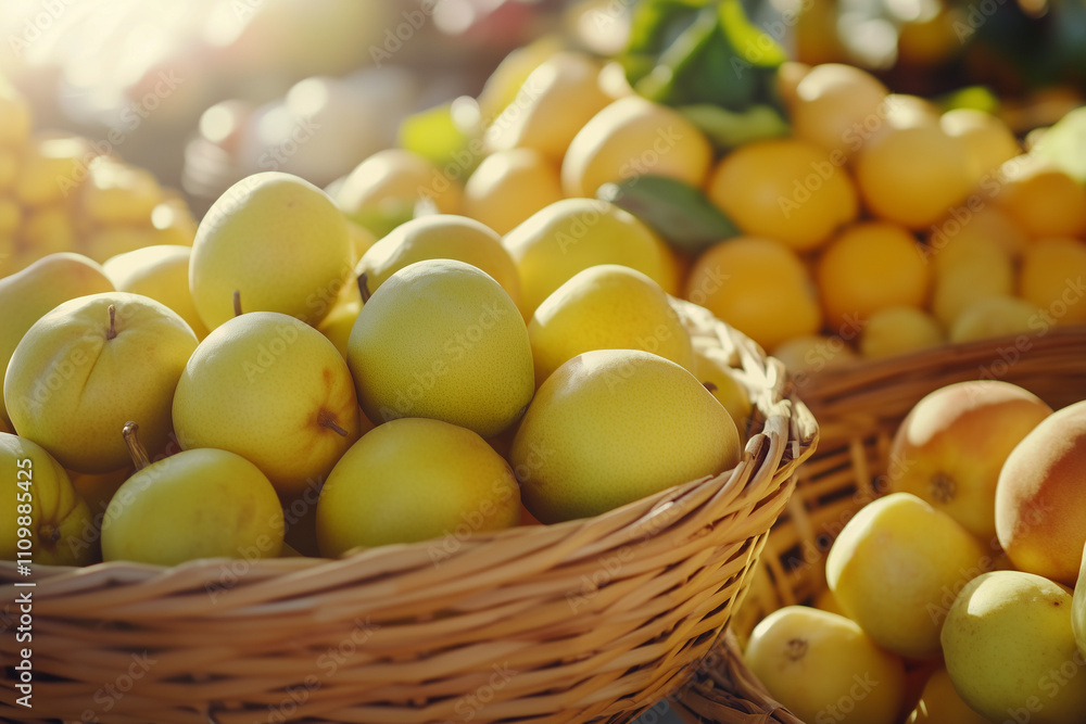 Fresh fruits and vegetables displayed in baskets inside a vibrant food supply store, symbolizing freshness, with copy space. Warm diffused light. Fresh fruits and vegetables displayed in baskets inside a vibrant food supply store, symbolizing freshness, with copy space. Warm diffused light.