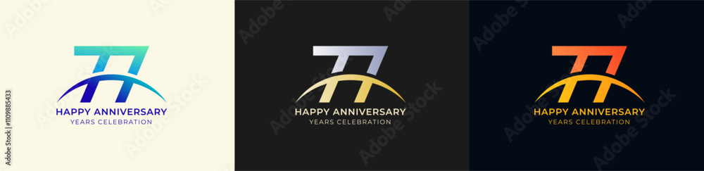 Obraz premium Logo Anniversary with Swoosh Sunrise 77th, 77th Happy Anniversary with Colorful Gradient, Luxury Gold and Silver.
