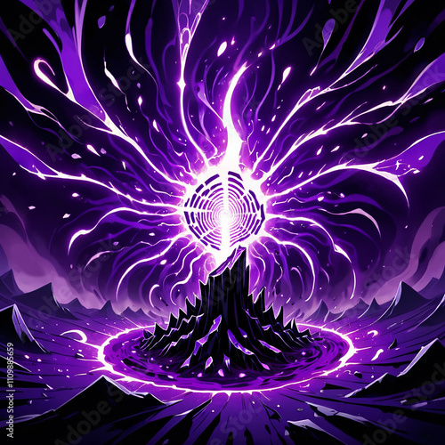 A swirling purple vortex of energy emanates from a dark, jagged mountain peak, creating a glowing ring on the surrounding landscape.