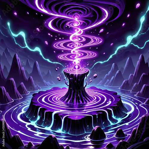 A swirling purple vortex of energy emanates from a black stump in a dark landscape, surrounded by mountainous terrain and a glowing pool of water.