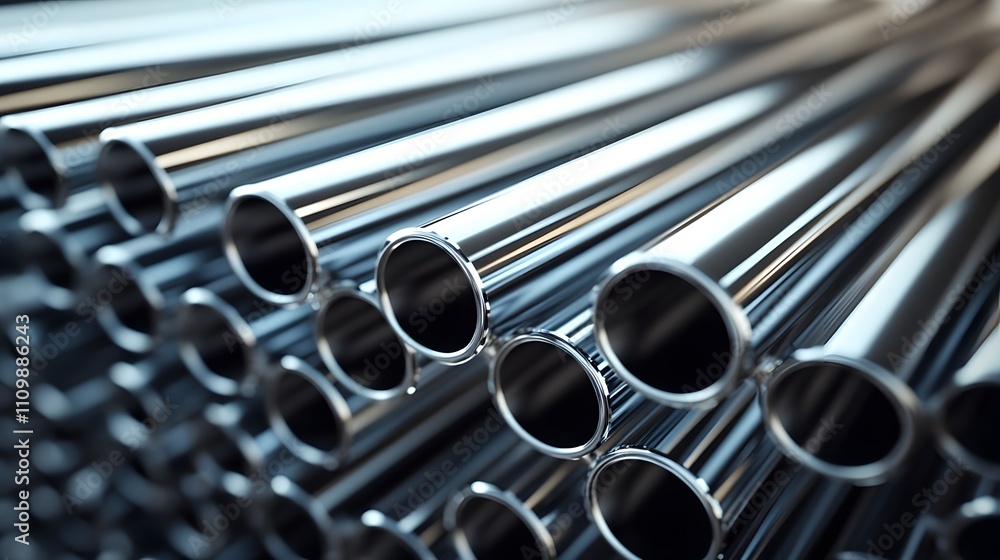 A series of metal pipes are shown in a close up. Concept of industrial strength and durability, as the pipes are made of metal and appear to be very sturdy A series of metal pipes are shown in a close up. Concept of industrial strength and durability, as the pipes are made of metal and appear to be very sturdy