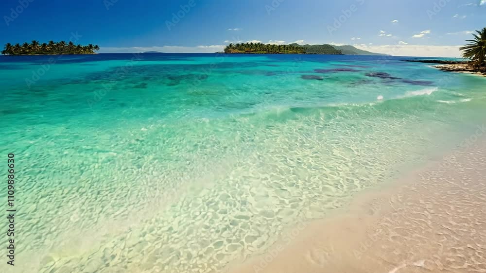 A serene beach scene with turquoise waters and a distant island under a clear sky. A serene beach scene with turquoise waters and a distant island under a clear sky.