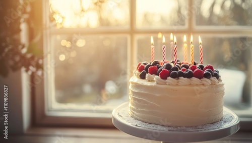 Delicious Birthday Cake with Berries and Candles by the Window, Festive Celebration