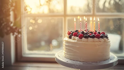 Obraz  z motywem Delicious Birthday Cake with Berries and Candles by the Window, Festive Celebration