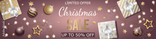 Christmas sale, template design discount banner with christmas balls, shiny stars, garland and gift boxes. realistic vector illustration to promote purchases in the winter season en gold and violet.
