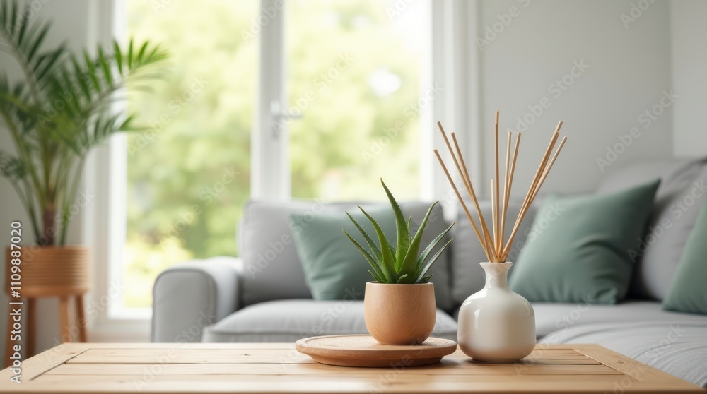 Bright Living Room With Aloe Vera and Diffuser on Wooden Table for a Serene Atmosphere. Generative AI Bright Living Room With Aloe Vera and Diffuser on Wooden Table for a Serene Atmosphere. Generative AI