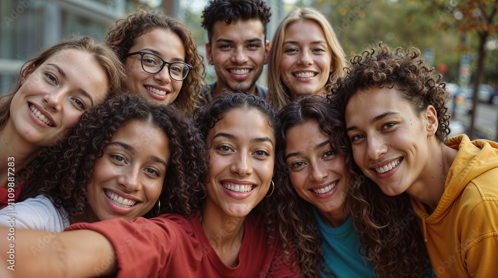 Photo of diverse friends taking a selfie together. Photo of diverse friends taking a selfie together.