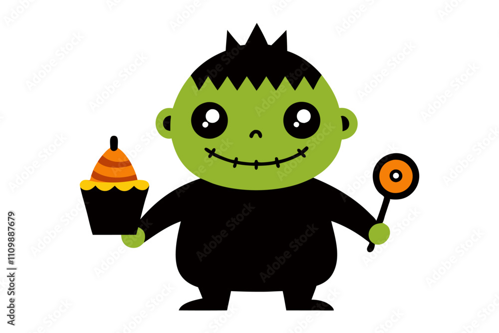 Fototapeta premium A whimsical Frankenstein is holding a cupcake decorated with a tiny bat and cobweb sprinkles.