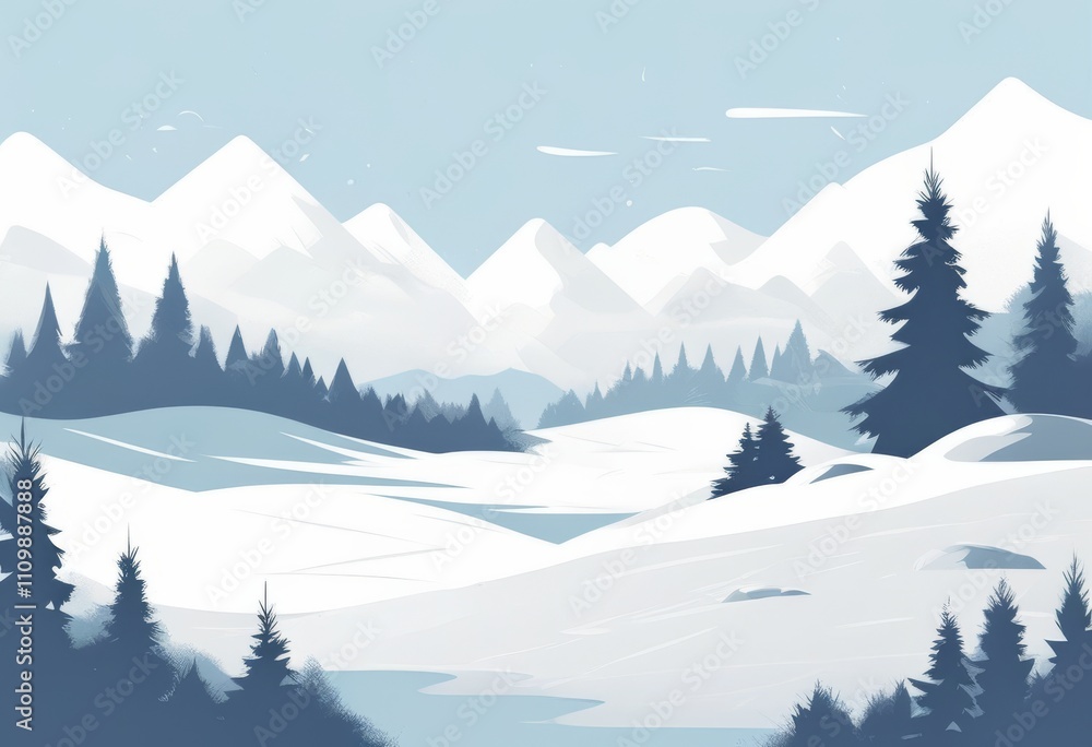 Fototapeta premium Minimalistische Winterlandschaft mit schneebedeckten Bergen, Tannen und einem sanft geschwungenen Tal unter klarem Himmel. Ruhig und idyllisch – perfekt für winterliche Designs. Generative KI