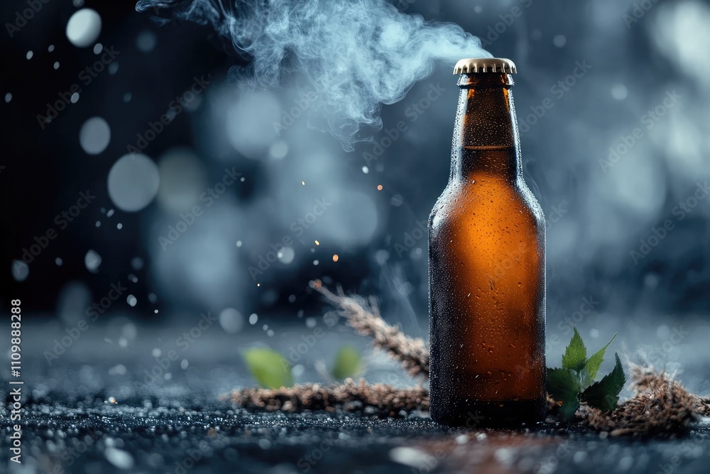Chilled refreshment: frosty cold beer bottle surrounded by ice, smoke, creating an inviting visual of refreshing drink, perfect for cooling off, enjoying the crisp, frosty atmosphere of cold beverage. Chilled refreshment: frosty cold beer bottle surrounded by ice, smoke, creating an inviting visual of refreshing drink, perfect for cooling off, enjoying the crisp, frosty atmosphere of cold beverage.