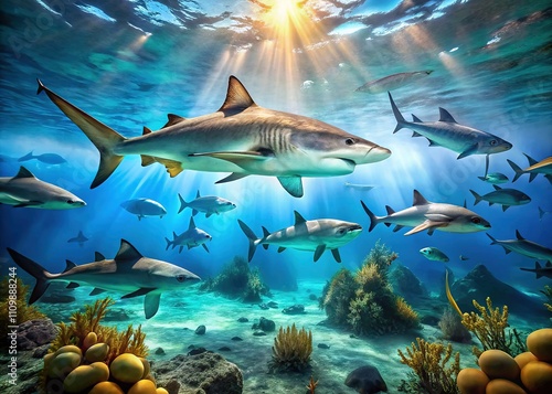 Majestic Sharks in Azure Ocean - Underwater Architectural Photography