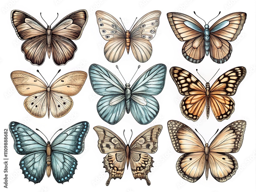 Minimalist Butterfly Set - Hand Drawn Engraving Style Minimalist Butterfly Set - Hand Drawn Engraving Style