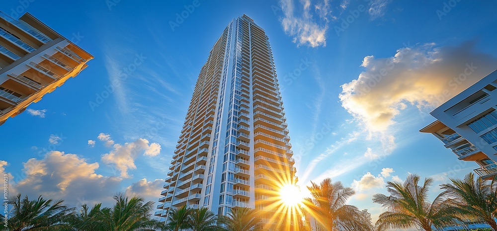 Fototapeta premium Modern high-rise building at sunset, surrounded by palm trees.