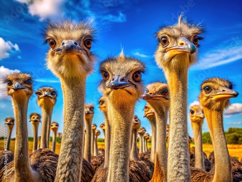 Ostrich Face Herd Close-up Panorama AI Art photo