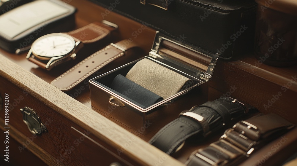 Elegant Display of Luxury Watches in a Stylish Wooden Drawer Elegant Display of Luxury Watches in a Stylish Wooden Drawer