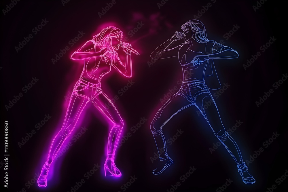An energetic visual of karaoke battle singers illuminated in neon colors on a black background. An energetic visual of karaoke battle singers illuminated in neon colors on a black background.