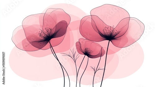 A delicate illustration of pink flowers with soft outlines and a serene background.