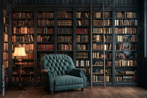 Elegant library with floor to ceiling bookshelves, a ladder, and a plush reading chair. Interior design, 3D render, Home decoration mockup