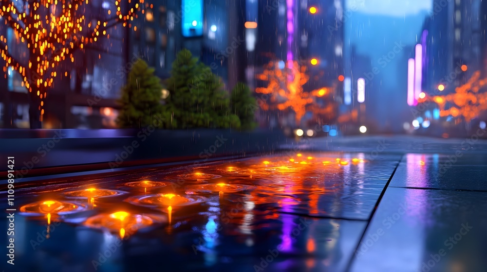 Obraz premium Rainy City Night Reflections