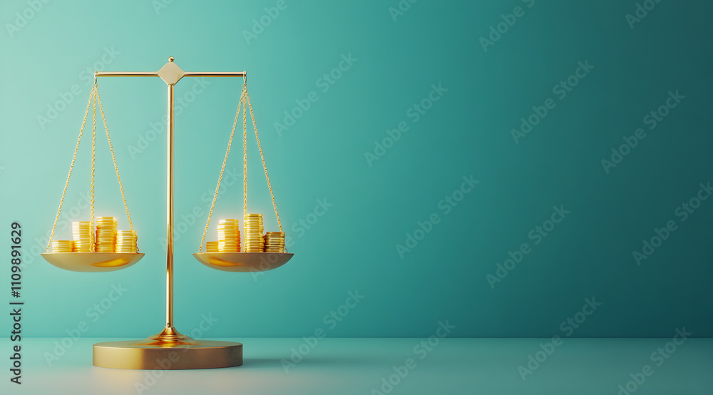 A golden balance scale holds stacks of coins, symbolizing wealth and justice against a teal background, representing financial equilibrium. A golden balance scale holds stacks of coins, symbolizing wealth and justice against a teal background, representing financial equilibrium.
