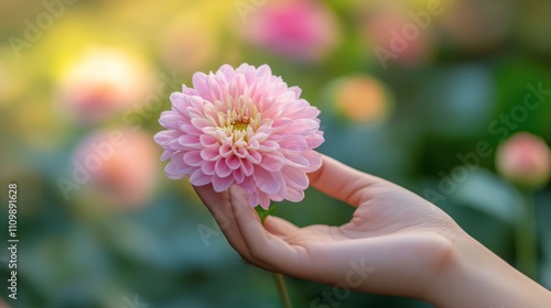 Delicate Hand Holding Pink Flower in Lush Garden Setting