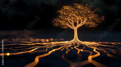 A glowing tree with intricate, illuminated roots extends across a dark background, symbolizing connection and life.