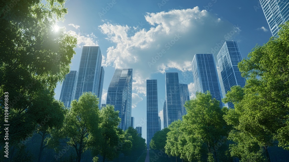 Futuristic Eco-Friendly Cityscape with Smart Building Designs and Solar-Powered Public Spaces Futuristic Eco-Friendly Cityscape with Smart Building Designs and Solar-Powered Public Spaces