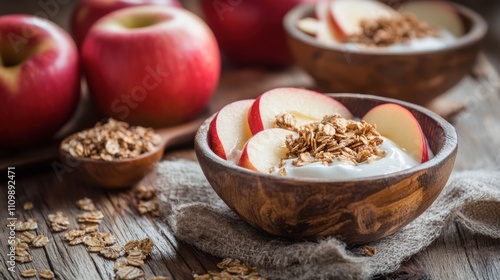 Fresh Yogurt with Sliced Apples and Crunchy Granola in Bowls