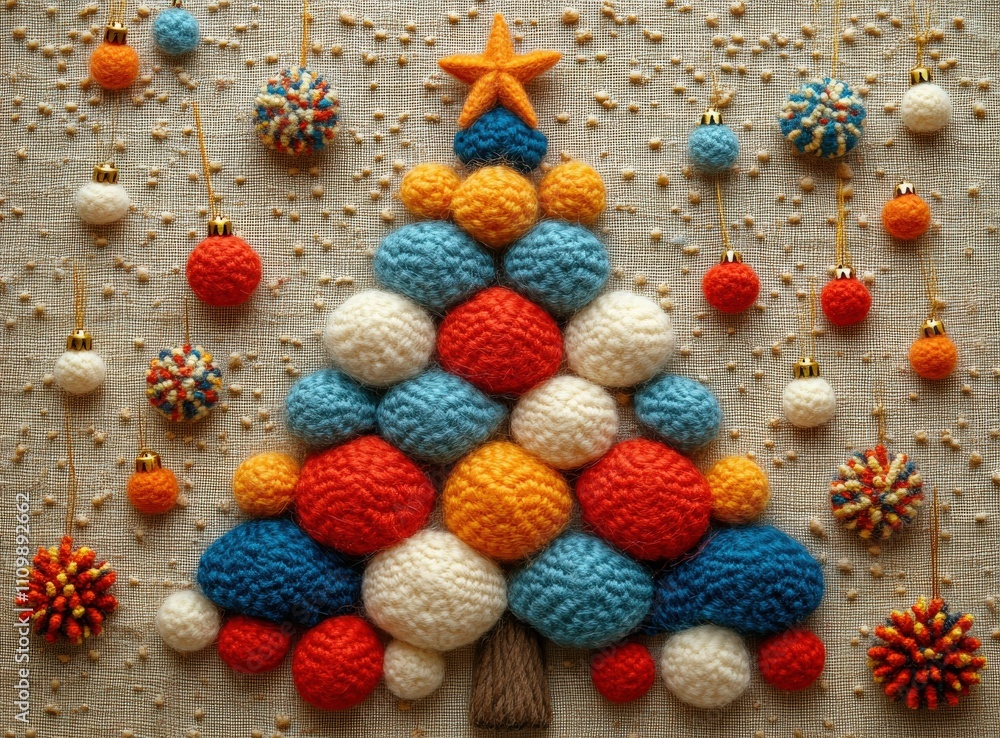 Fototapeta premium Festive woolen Christmas tree crafted from colorful pom-poms, surrounded by hanging ornaments. Perfect for holiday greeting cards, crafting blogs, or winter-themed projects.