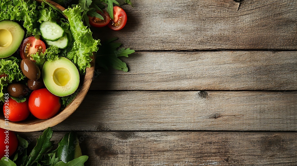 A freshly made vegan salad featuring avocado, olives, tomatoes, and leafy greens, set on a rustic wooden table A freshly made vegan salad featuring avocado, olives, tomatoes, and leafy greens, set on a rustic wooden table