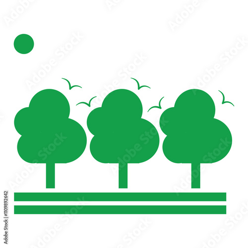 Illustration of a large tree with green grass growing very thickly resembling a mountain below it. Design element with a nature theme