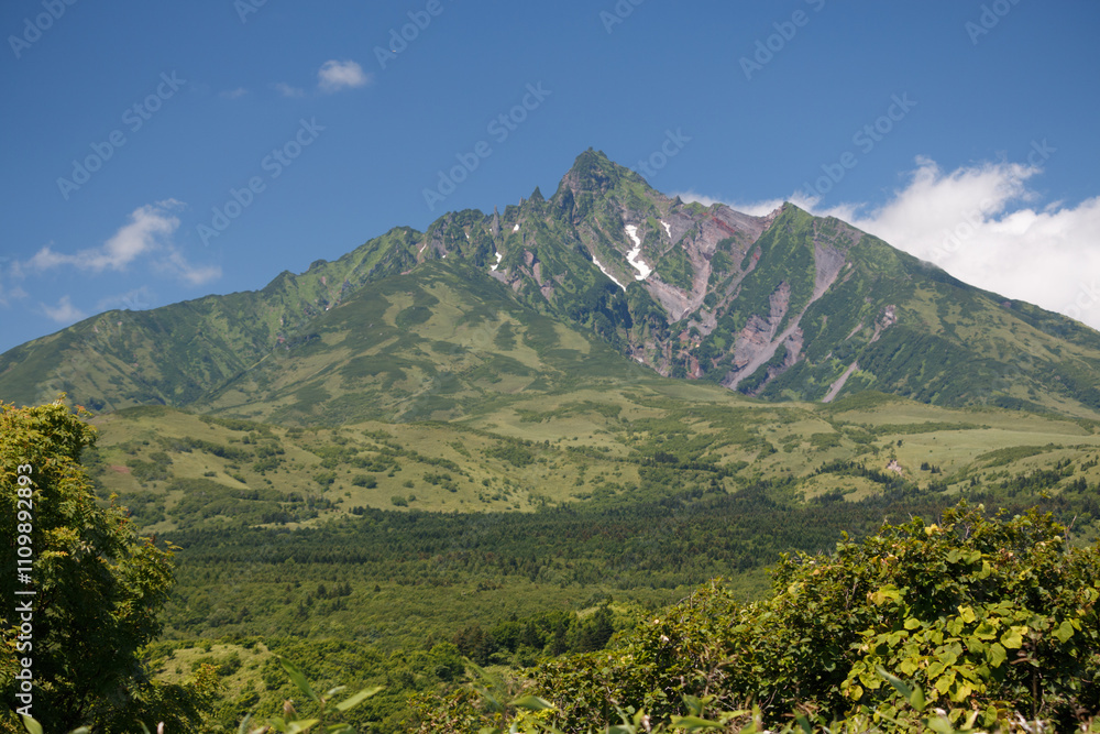 Mt Rishiri Hokkaido Japanese mountain landscape in summer on sunny blue sky day Mt Rishiri Hokkaido Japanese mountain landscape in summer on sunny blue sky day