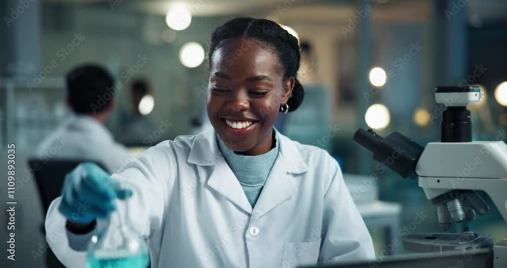 Scientist, black woman and chemical in beaker with smile for chemistry, experiment and medical research. Microscope, analysis and expert with liquid inspection for pharmaceutical study success Scientist, black woman and chemical in beaker with smile for chemistry, experiment and medical research. Microscope, analysis and expert with liquid inspection for pharmaceutical study success