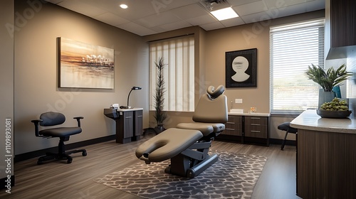 Modern medical examination room with comfortable chair, desk, and artwork.