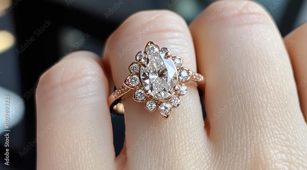 A gold ring with an oval diamond worn on a finger. Simple and elegant design with natural lighting. A gold ring with an oval diamond worn on a finger. Simple and elegant design with natural lighting.