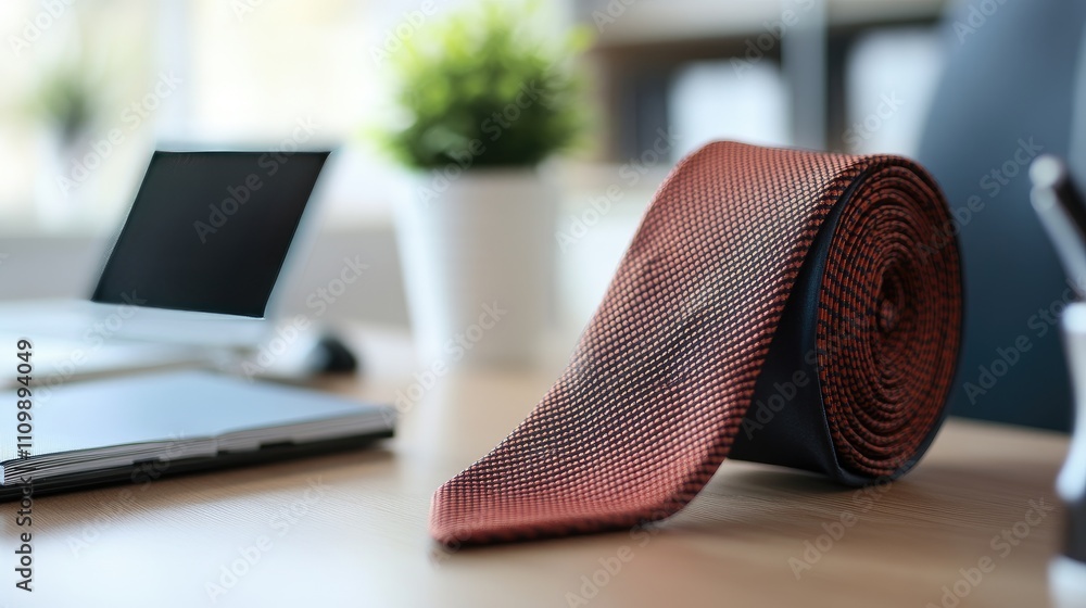 Elegant Red Tie on Desk with Laptop and Green Plant in Background Elegant Red Tie on Desk with Laptop and Green Plant in Background