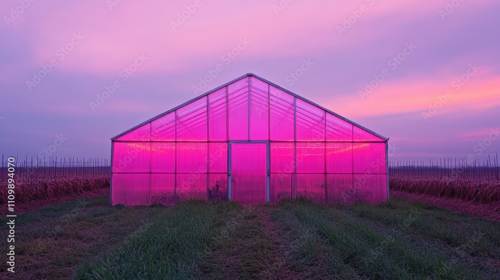 Obraz premium A greenhouse with pink lights is in a field