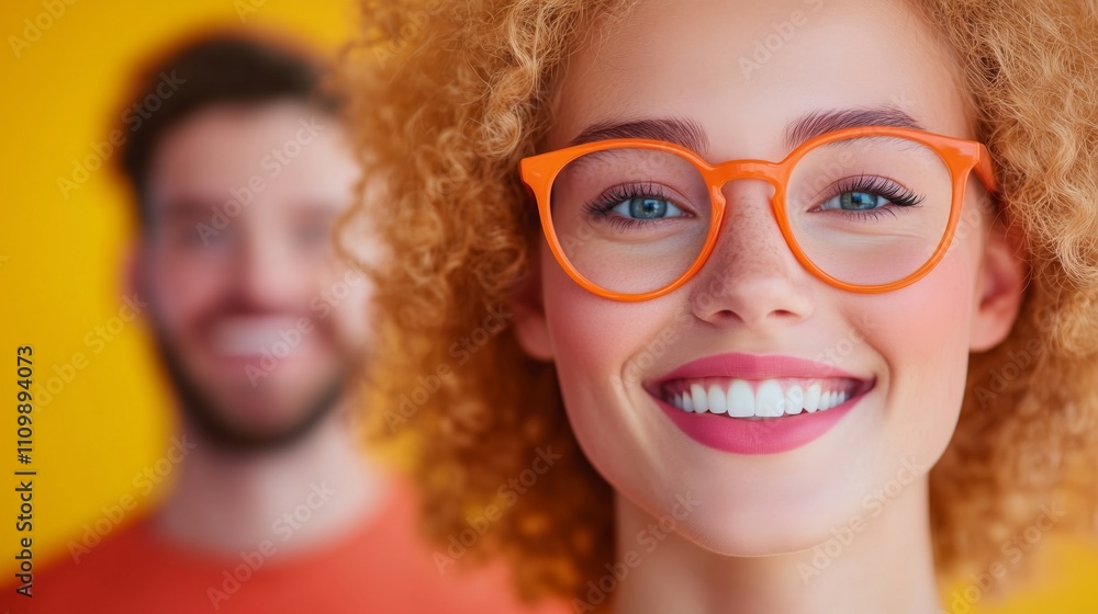 Joyful Portrait of a Woman and Man Against a Bright Background Joyful Portrait of a Woman and Man Against a Bright Background