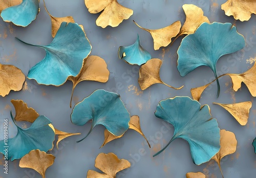 3D wallpaper with ginkgo leaves in turquoise and gold on a grey background, a detailed seamless pattern, in the style of watercolor,