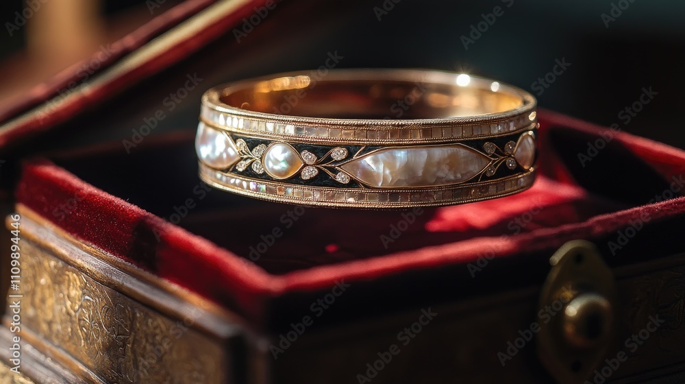 Elegant Gold Bracelet with Pearl Details Resting in Velvet Box Elegant Gold Bracelet with Pearl Details Resting in Velvet Box