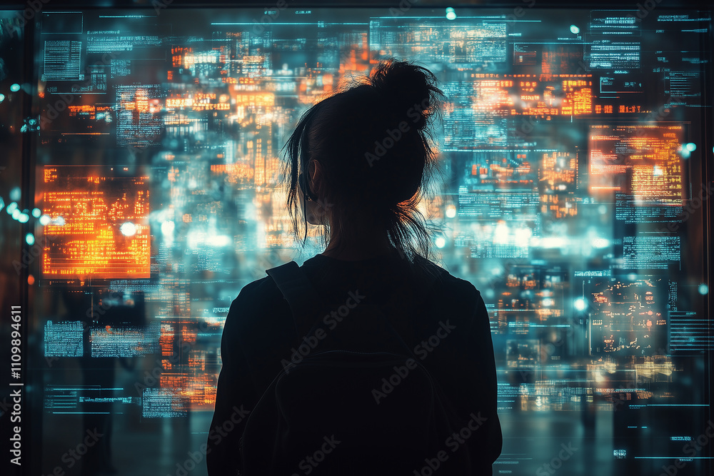 A woman is looking at a computer screen with a lot of bright colors and numbers A woman is looking at a computer screen with a lot of bright colors and numbers