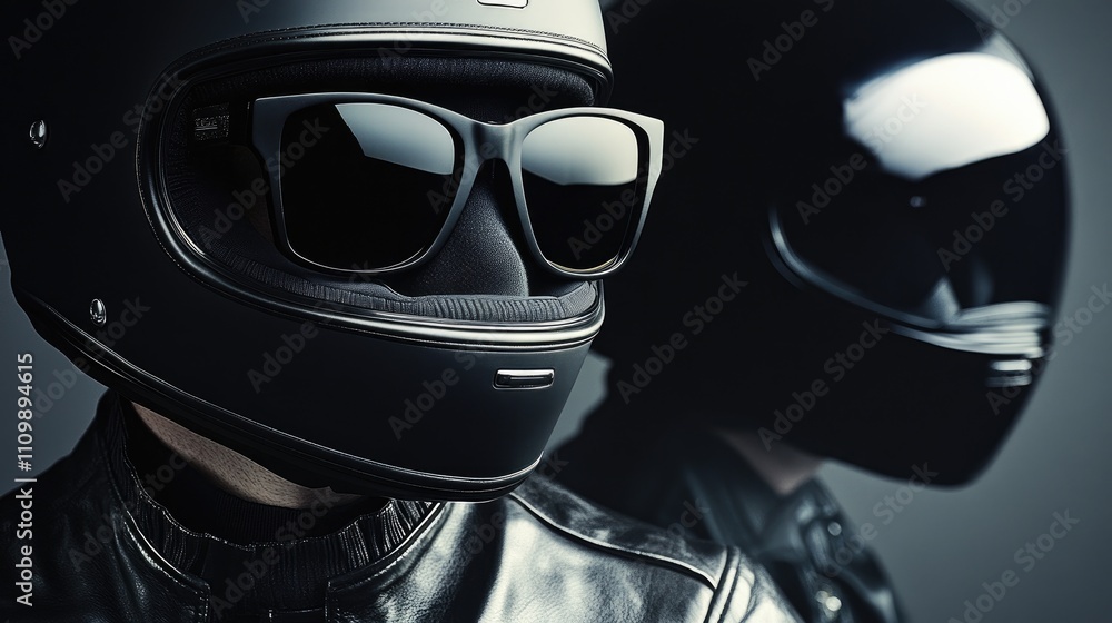 Two Motorcycle Riders with Black Helmets and Sunglasses in Studio Two Motorcycle Riders with Black Helmets and Sunglasses in Studio