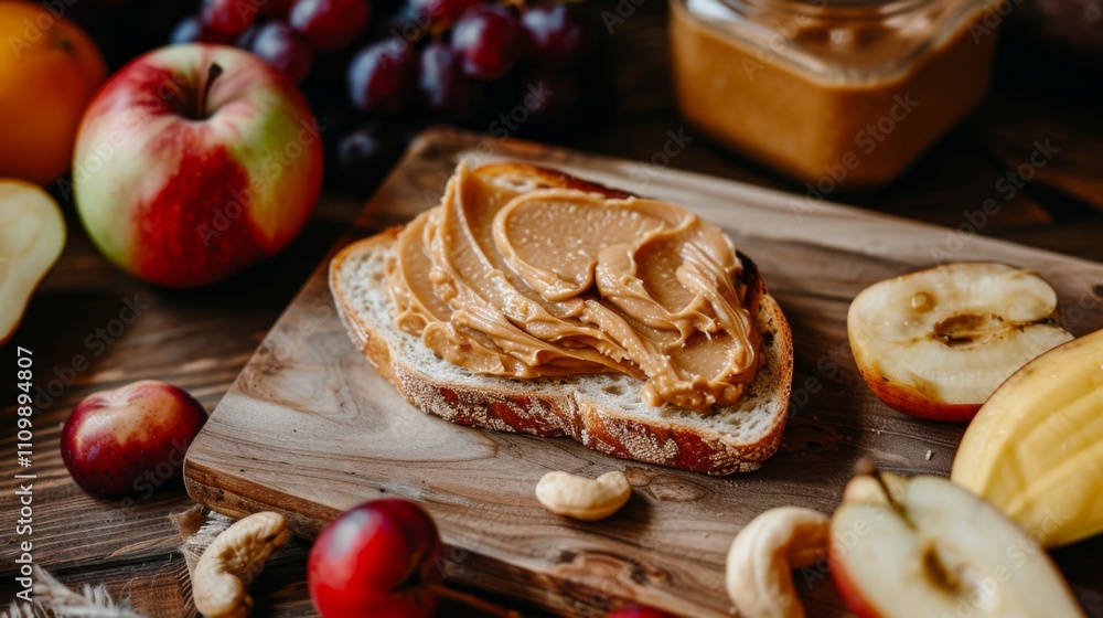Cashew Butter Spread on Bread with Fresh Fruits for Healthy Breakfast Advertising
Cashew Butter Spread on Bread with Fresh Fruits for Healthy Breakfast Advertising