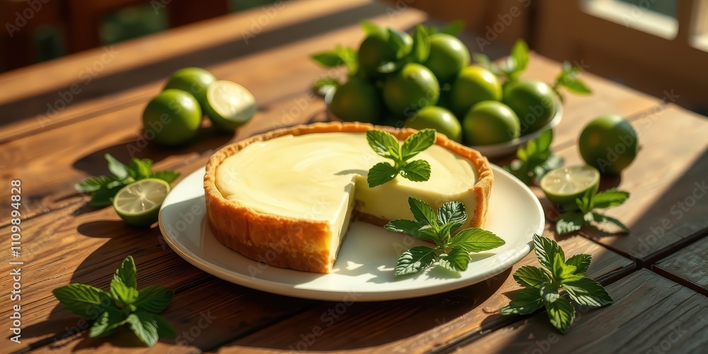 A slice of creamy cheesecake with a crispy crust, accompanied by fresh green limes and vibrant mint leaves, bathed in warm sunlight on a rustic wooden table A slice of creamy cheesecake with a crispy crust, accompanied by fresh green limes and vibrant mint leaves, bathed in warm sunlight on a rustic wooden table