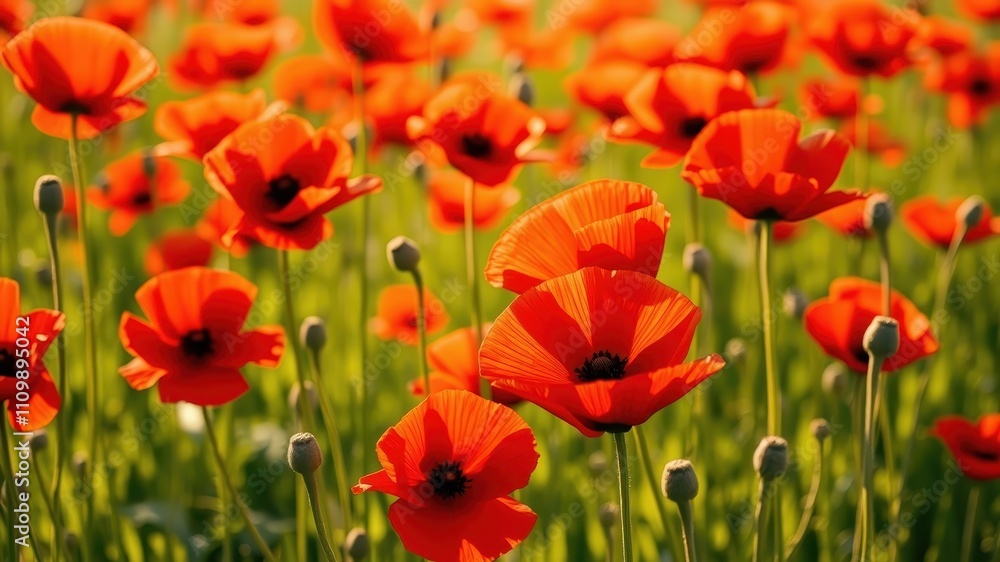 Vibrant Red Poppies in a Lush Field of Green, Capturing the Essence of Summertime Beauty Vibrant Red Poppies in a Lush Field of Green, Capturing the Essence of Summertime Beauty