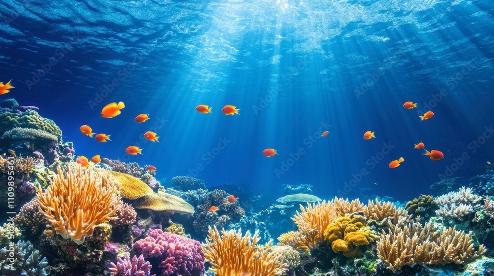 Naklejka premium Colorful Underwater Coral Reef with Tropical Fish Swimming Peacefully